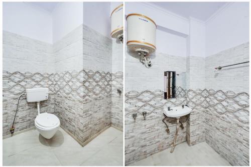 two pictures of a bathroom with a toilet and a sink at Hotel O Good Living Laxmi Nagar in New Delhi