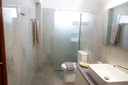 a bathroom with a shower and a toilet and a sink at LiRa 2 in Kremasti