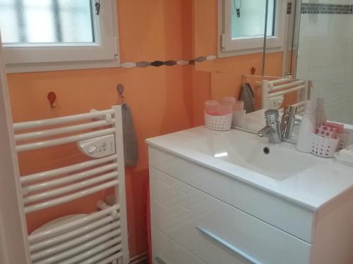 a bathroom with a white sink and a mirror at gîte La Valentina, climatisé in Cubjac-Auvézère-Val d'Ans