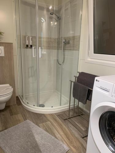 a bathroom with a shower and a washing machine at Balatonszabadi Privát Apartman in Balatonszabadi