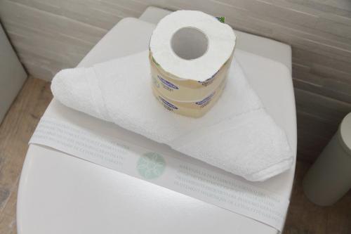 a roll of toilet paper sitting on top of a toilet seat at Michele Lux Lodge 6 people Spotless and Connected to Airport and Vatican in Rome
