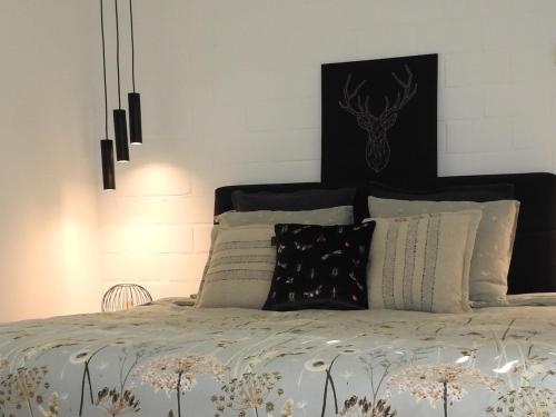 a bedroom with a bed with a black headboard at Casa Milo in Lokeren