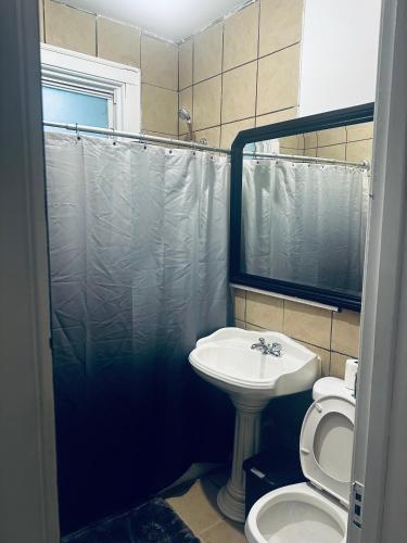 a bathroom with a sink and a toilet and a shower at Cozy in Hyde Park Greater Grand Crossing in Chicago