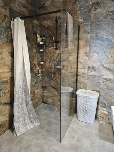 a bathroom with a glass shower with a toilet at Czarny Słoń - elegancki apartament z klimatem in Częstochowa