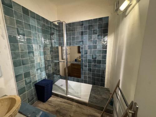 une salle de bain avec douche aux carreaux bleus dans l'établissement La Sardine au coeur du Panier, à Marseille