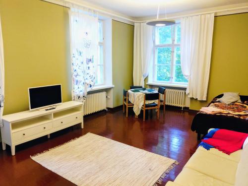 un soggiorno con pareti gialle, TV e divano di Ylisen Kartano a Kaihari