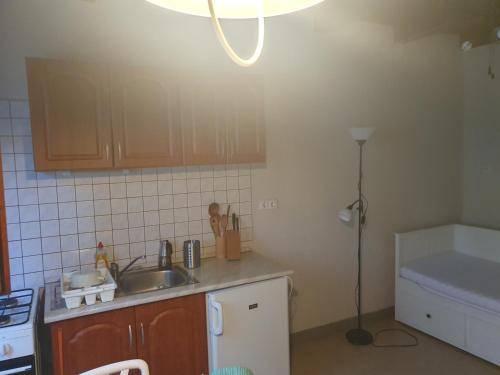 a kitchen with a sink and a counter top at Bacshegyi Vendeghaz 2 in Káptalantóti