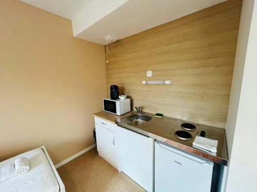 a small kitchen with a sink and a microwave at We Live In R - Suite 204 in Reims