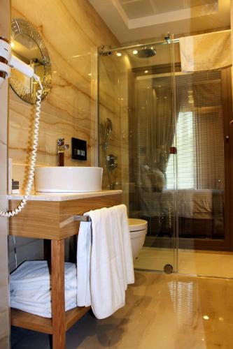 a bathroom with a sink and a shower and a toilet at Lale Hotel in Sapanca