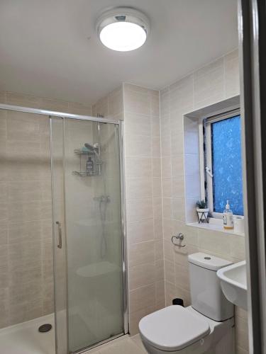 a bathroom with a shower and a toilet and a sink at Fabulous Room in Dartford R1 in Dartford