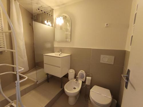 Un baño con inodoro, lavabo y ducha. en Résidence Chalmettes - Joli studio rénové avec accès direct aux pistes. parking MAE-8704, en Montgenèvre