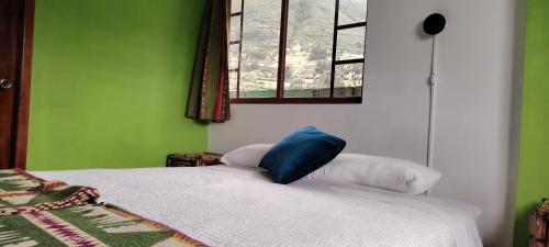 a bedroom with a bed with a blue pillow on it at Green House Araque Inn in Otavalo
