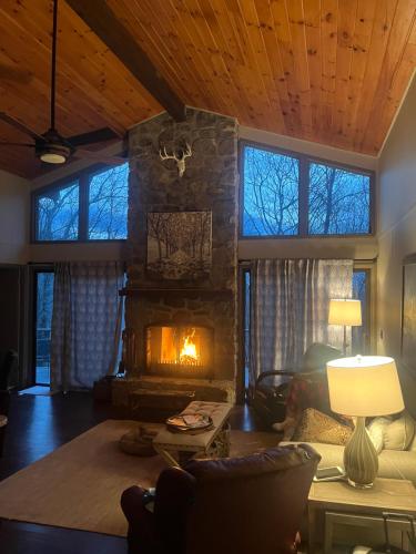 a living room with a fireplace and a couch at Beech Mountain Swiss-style Chalet in Beech Mountain