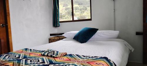 a bedroom with a bed with a blue pillow on it at Green House Araque Inn in Otavalo