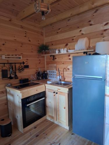 a kitchen with a refrigerator and a sink in a cabin at Chalets Montenegrina in Žabljak