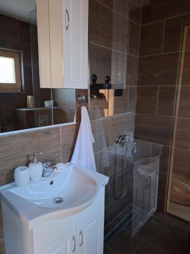 a bathroom with a sink and a shower at Chalets Montenegrina in Žabljak