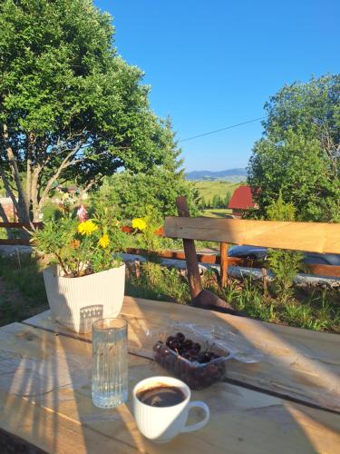 a table with a cup of coffee and a bowl of flowers at Chalets Montenegrina in Žabljak