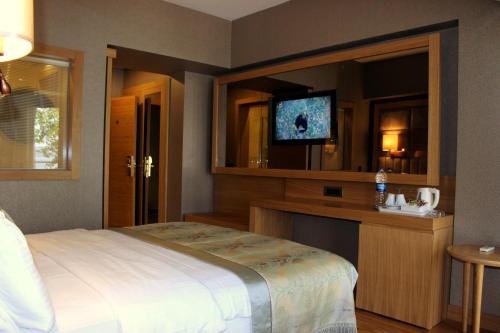 a bedroom with a bed and a tv on a wall at Lale Hotel in Sapanca