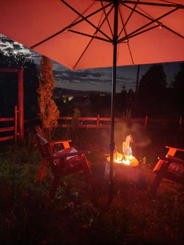 a fire pit with two chairs and an umbrella at Chalets Montenegrina in Žabljak