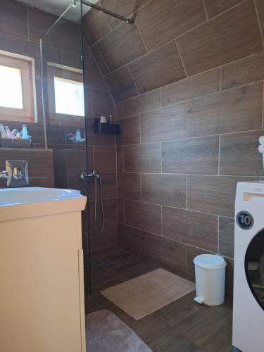 a bathroom with a shower and a sink at Chalets Montenegrina in Žabljak