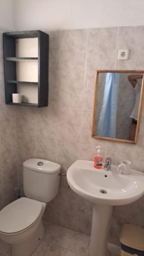 a bathroom with a toilet and a sink and a mirror at Vivenda Mia in Beirona