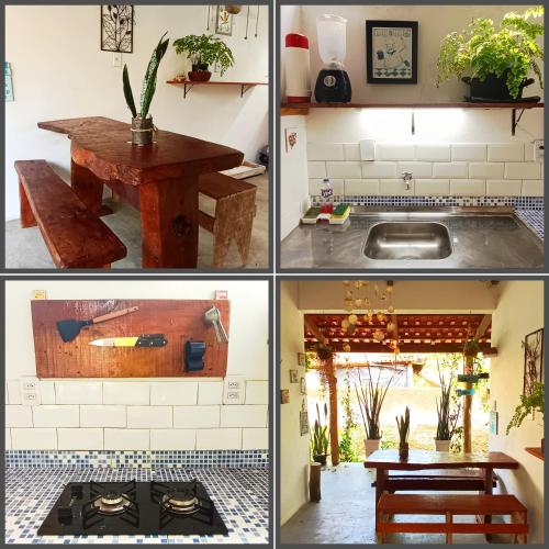 four pictures of a kitchen with a table and a sink at Pousada Casa de Naue - Ilha de Boipeba in Ilha de Boipeba