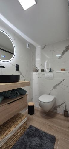 Un baño con inodoro y un televisor en la pared. en Le superbe, en Allinges