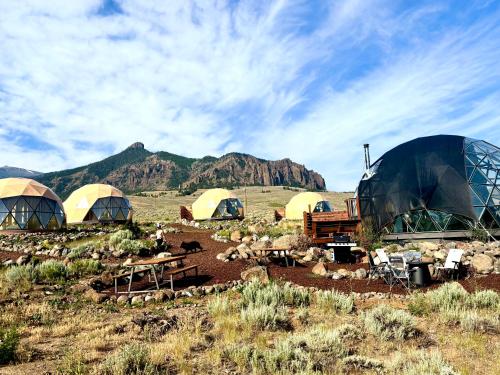 a group of tents in a field with mountains at Pure Heart Retreat in Cody