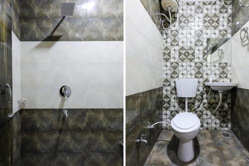 two pictures of a bathroom with a toilet and a sink at Hotel O Nabhyansh Elite Lokmanya Nagar railway station in Indore