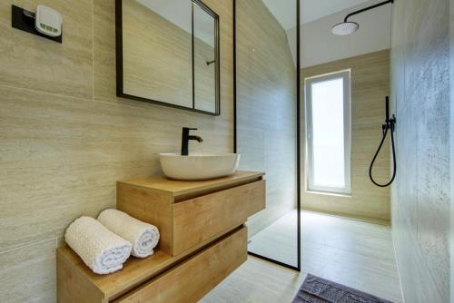a bathroom with a sink and a mirror at Villa One in Jastrebarsko