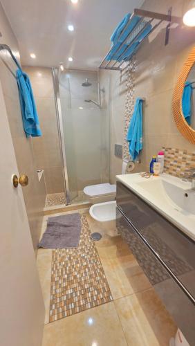 a bathroom with a shower and a toilet and a sink at ELENA flat A little paradise right on the BEACH in Sitio de Calahonda