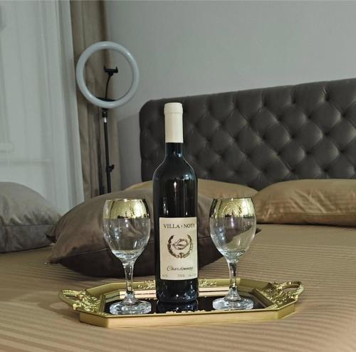 a bottle of wine on a tray with two wine glasses at Apartman Tajna in Sremčica