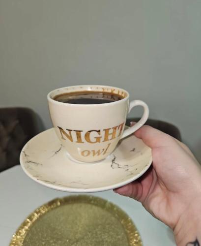 a hand holding a cup of coffee on a saucer at Apartman Tajna in Sremčica