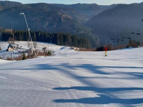 a person is skiing down a snow covered ski slope at Chalet in Ore Mountains near Ski Slopes in Jindřichovice