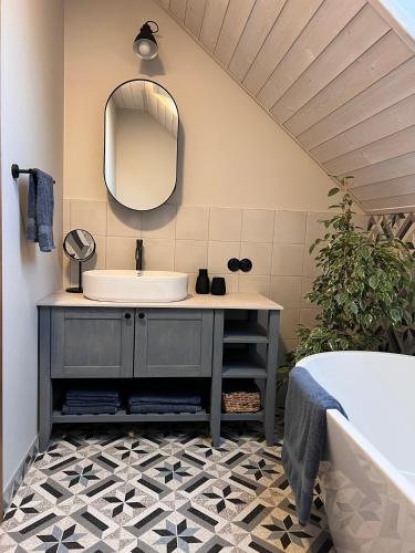 a bathroom with a sink and a mirror at Bernātu Kalnmaļi in Bernāti
