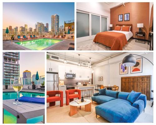 a collage of photos of a hotel room with a pool at Stunning 1 BDR 1 BTH Modern Loft with Pool, Jacuzzi in DTLA! in Los Angeles