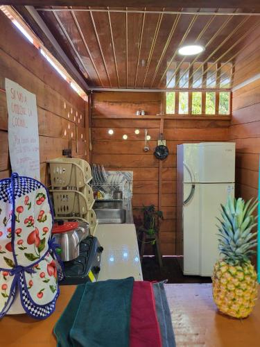 a room with a refrigerator and a pineapple on a table at Cabaña Pichindé in Estación El Salto
