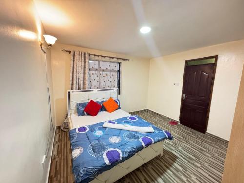 een kleine slaapkamer met een bed met kleurrijke kussens bij Executive homes in Kitengela 