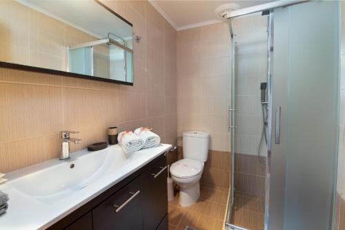 a bathroom with a toilet and a sink and a shower at Rena's house in Zenempisátika