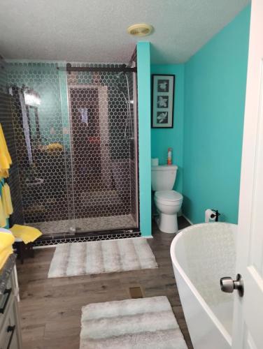 a bathroom with a shower with a tub and a toilet at Serenity Now Sunset Beach in Sunset Beach