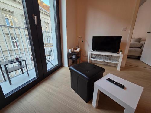a living room with a flat screen tv and a couch at Haas Apartments Art with parking, bakery, coffea in Brno