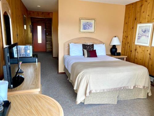 ein Schlafzimmer mit großem Bett und Fernseher in der Unterkunft Rocky Mountain Springs Lodge in Radium Hot Springs