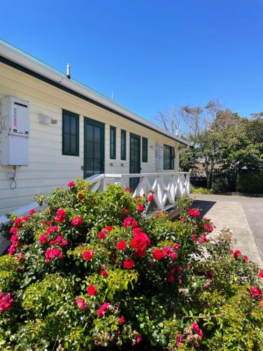 a building with pink flowers in front of it at Kerry Lane Motel in Hawera