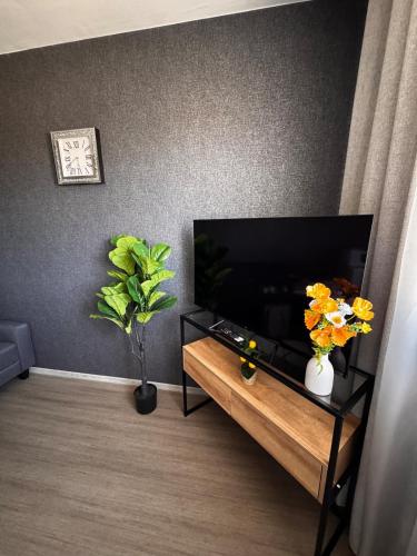 a living room with a tv and flowers on a table at appartement 2 pièces in Saint Lo