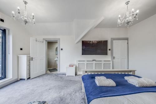 a white bedroom with a blue bed and a tv at Chingford Manor in Chingford