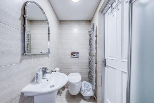 a bathroom with a sink and a toilet and a mirror at Chingford Manor in Chingford