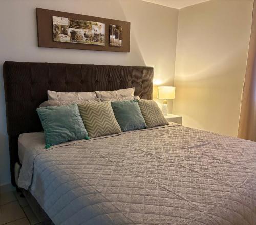 a bedroom with a large bed with a brown headboard at Apartamento en Ecovivienda Tegucigalpa in Tegucigalpa