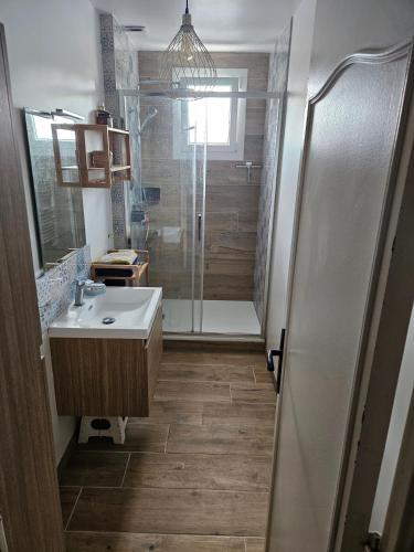 une salle de bain avec une douche, un lavabo et des toilettes dans l'établissement Maison proche Boulerie Jump Savigné l'évêque, proche Circuit 24h, à Saint-Corneille