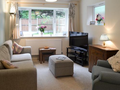 a living room with a couch and a tv at Hideaway Cottage in Kingsgate
