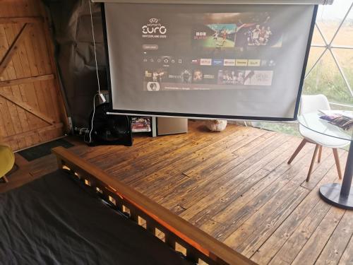 a large screen tv sitting on top of a wooden floor at Dome One with Hot Tub, Lincoln, Projector, Firepit in Lincoln